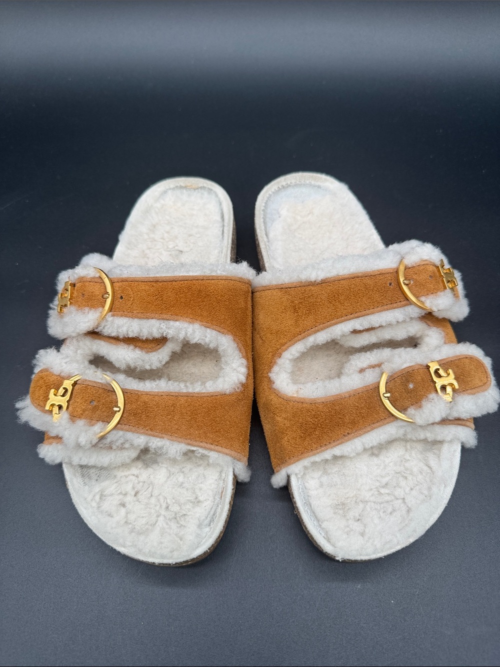 Tory Burch Chestnut Suede Shearling Slide Sandals with Gold Buckles Size 6